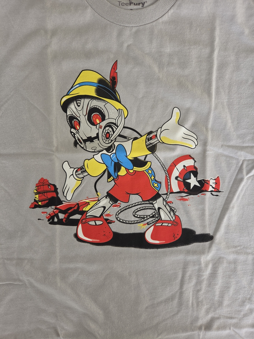 White Short Sleeve Graphic Tee with Colorful Pinocchio Robot Print
